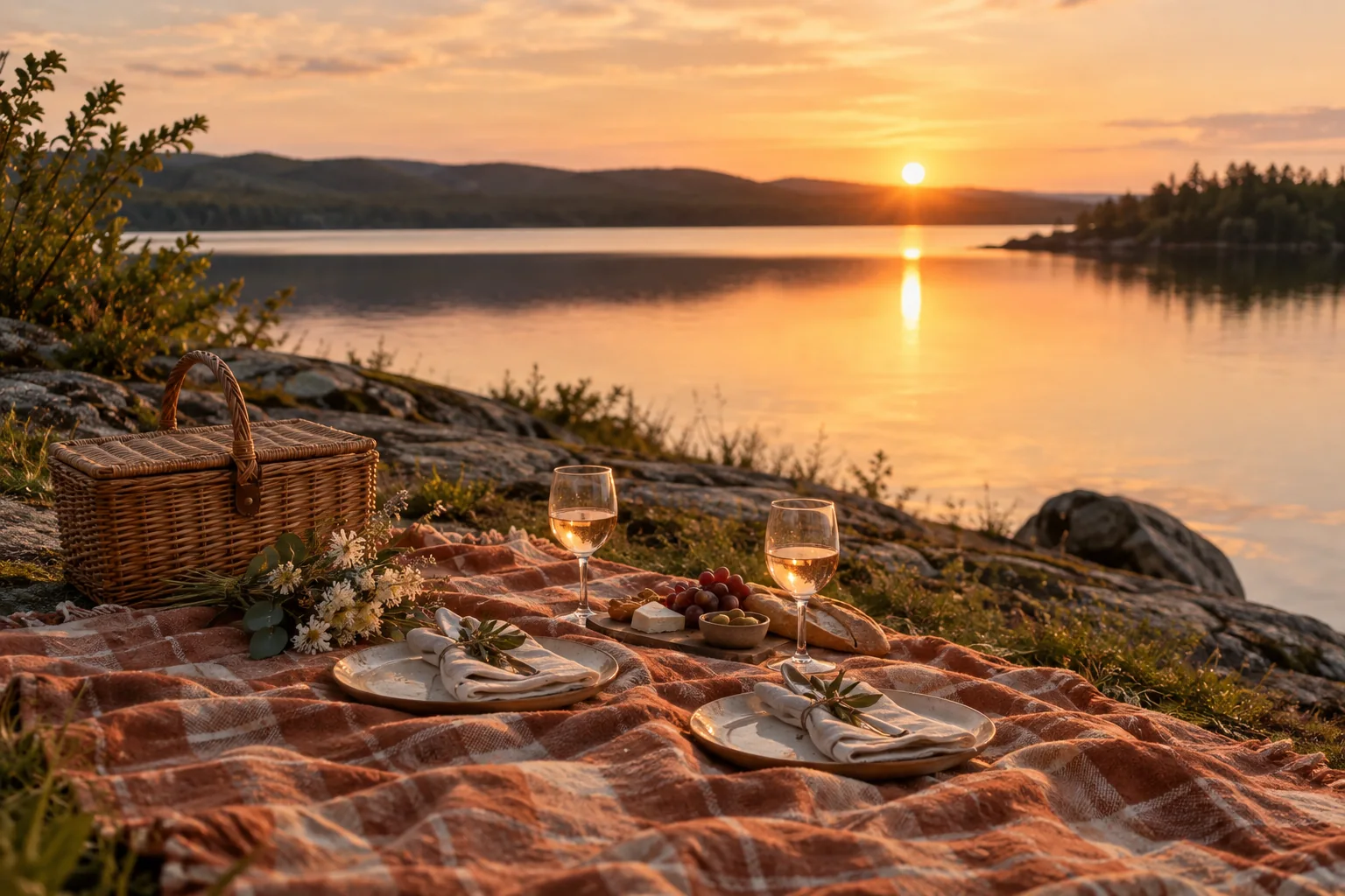 A picnic for two beside a lake at sunset