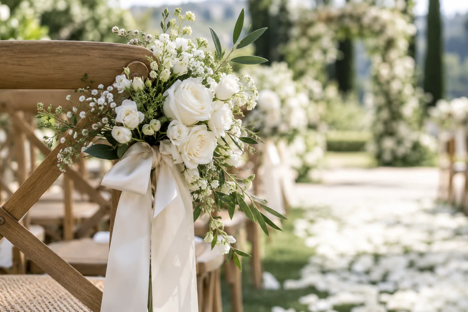 White flowers and satin ribbon attached to an outdoor aisle chair