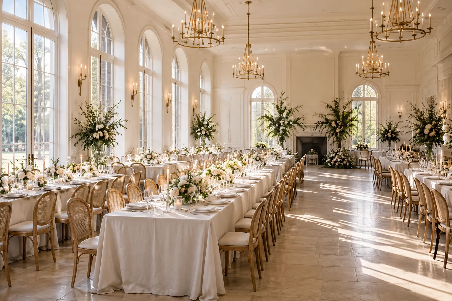 Long reception tables with open routes between them in a bright hall