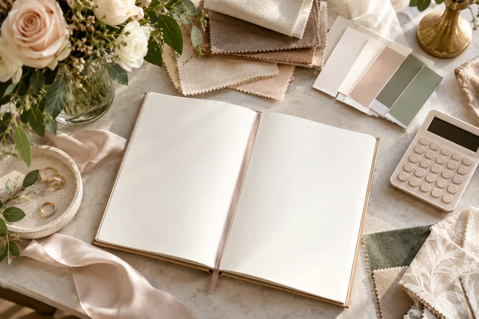 An open notebook, calculator, and material samples on a planning desk
