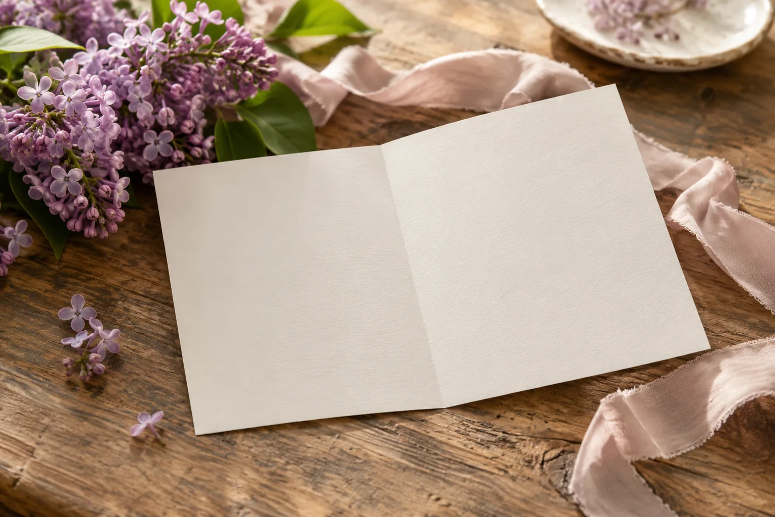 An open blank greeting card beside lilac flowers and ribbon